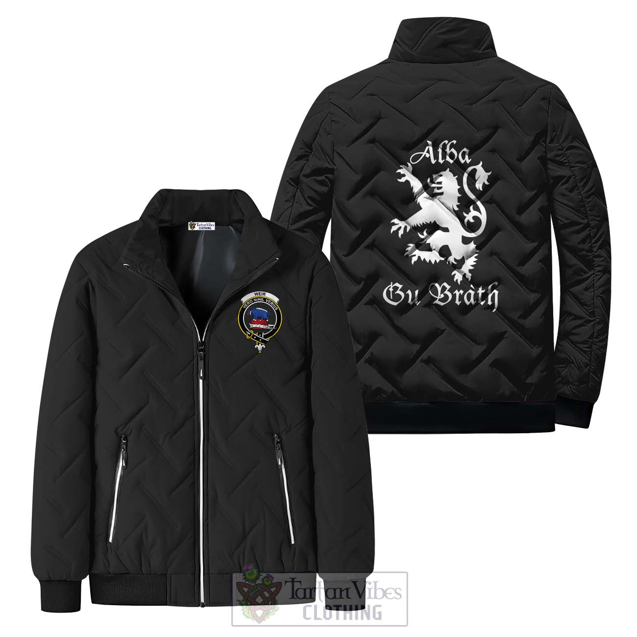 Tartan Vibes Clothing Weir Family Crest Padded Cotton Jacket Lion Rampant Alba Gu Brath Style