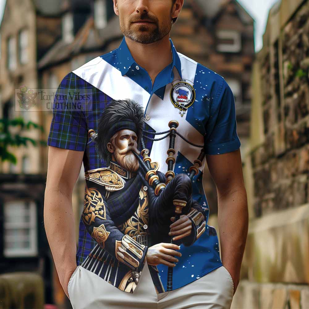 Tartan Vibes Clothing Weir Tartan Short Sleeve Button Shirt with Family Crest Scottish Bagpiper Vibes