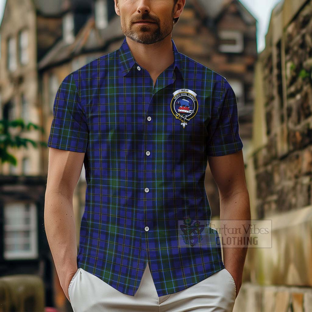 Tartan Vibes Clothing Weir Tartan Short Sleeve Button Shirt with Family Crest Celtic Skull Style