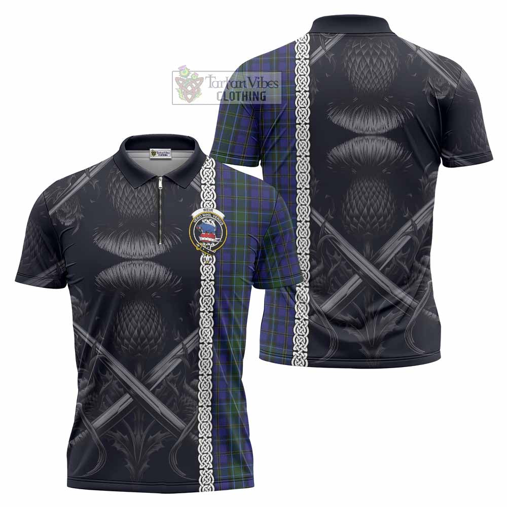 Tartan Vibes Clothing Weir Tartan Zipper Polo Shirt with Family Crest Cross Sword Thistle Celtic Vibes