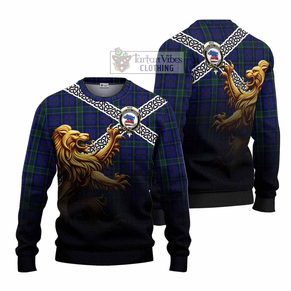 Weir Crest Tartan Knitted Sweater with Golden Lion Emblem Celtic Style - Tartan Vibes Clothing