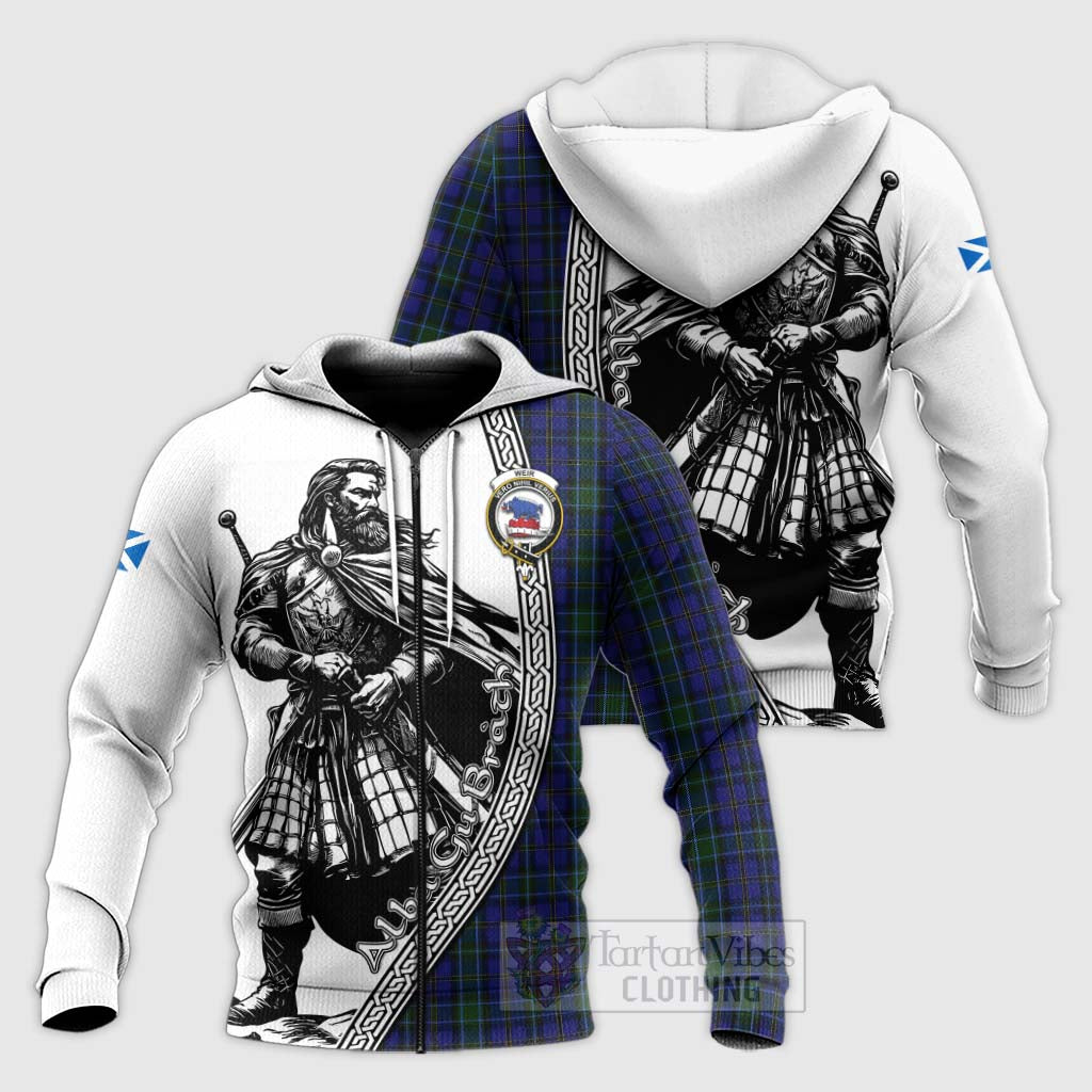 Tartan Vibes Clothing Weir Tartan Clan Crest Knitted Hoodie with Highlander Warrior Celtic Style