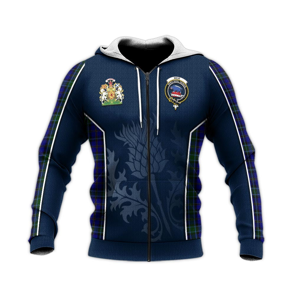 Tartan Vibes Clothing Weir Tartan Knitted Hoodie with Family Crest and Scottish Thistle Vibes Sport Style