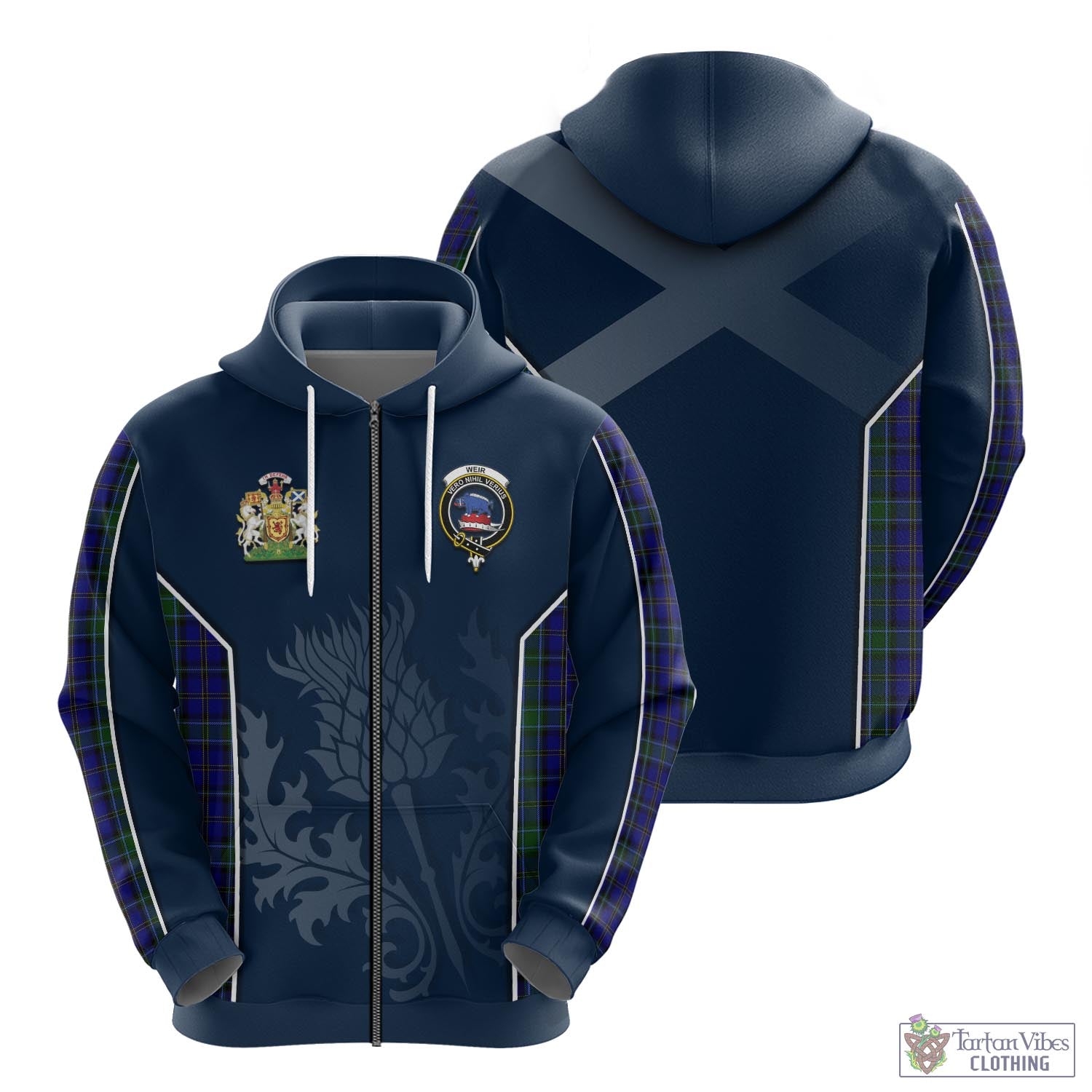 Tartan Vibes Clothing Weir Tartan Hoodie with Family Crest and Scottish Thistle Vibes Sport Style