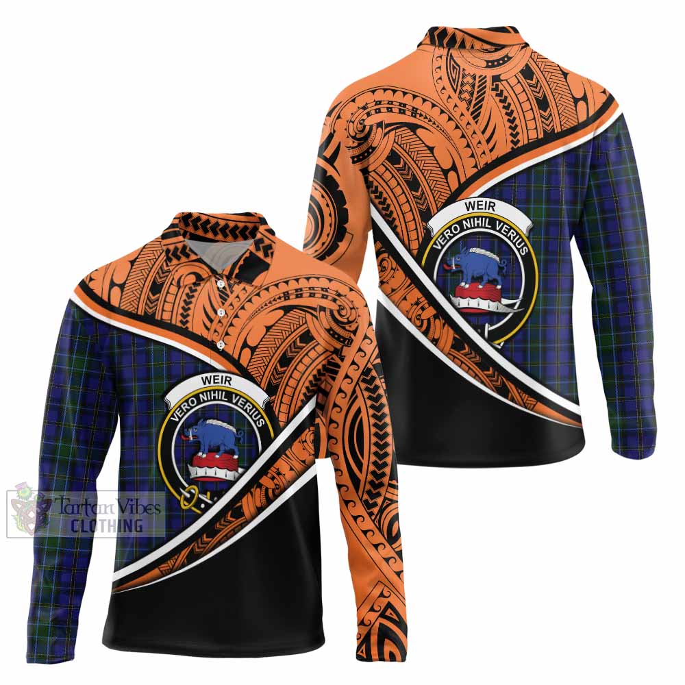 Tartan Vibes Clothing Weir Crest Tartan Long Sleeve Polo Shirt with Maori Tattoo Style - Orange Version