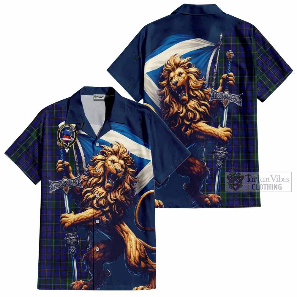 Tartan Vibes Clothing Weir Tartan Family Crest Short Sleeve Button Shirt with Scottish Majestic Lion