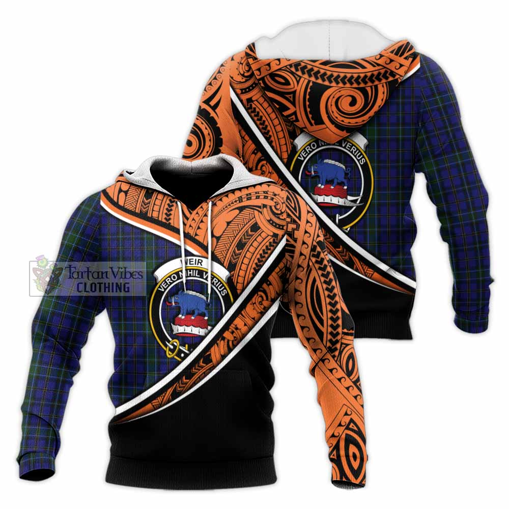 Tartan Vibes Clothing Weir Crest Tartan Knitted Hoodie with Maori Tattoo Style - Orange Version