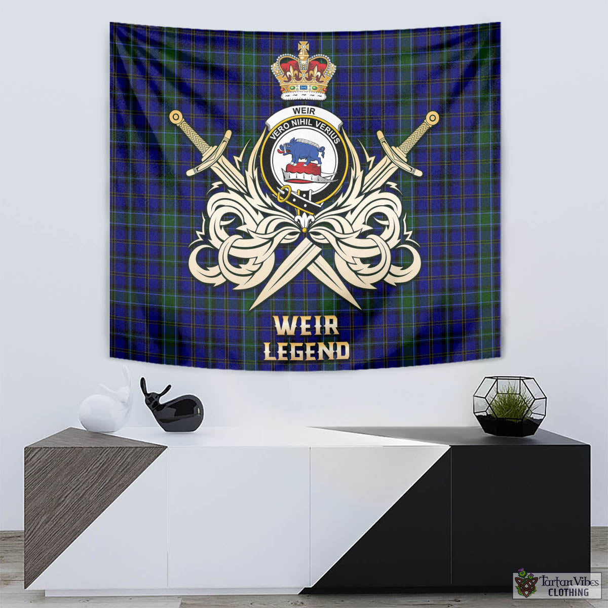 Tartan Vibes Clothing Weir Tartan Tapestry with Clan Crest and the Golden Sword of Courageous Legacy