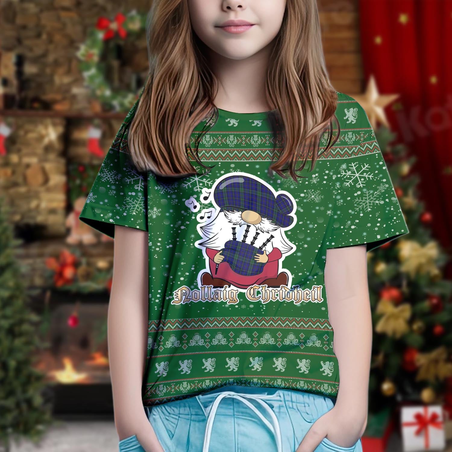 Weir Clan Christmas Family T-Shirt with Funny Gnome Playing Bagpipes Kid's Shirt Green - Tartanvibesclothing