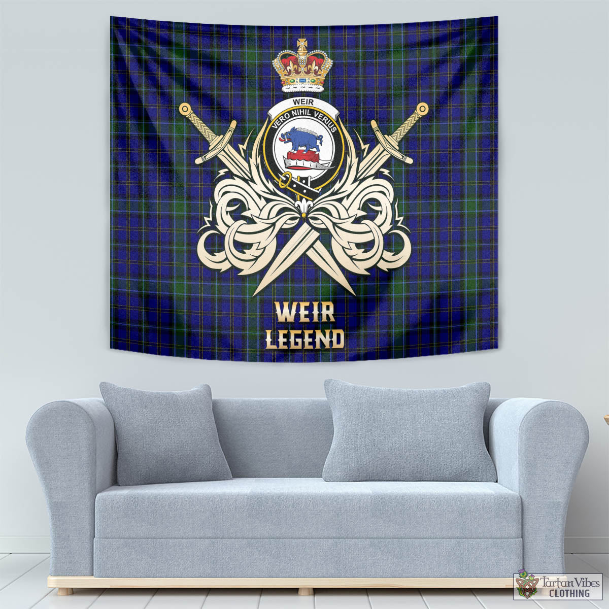 Tartan Vibes Clothing Weir Tartan Tapestry with Clan Crest and the Golden Sword of Courageous Legacy