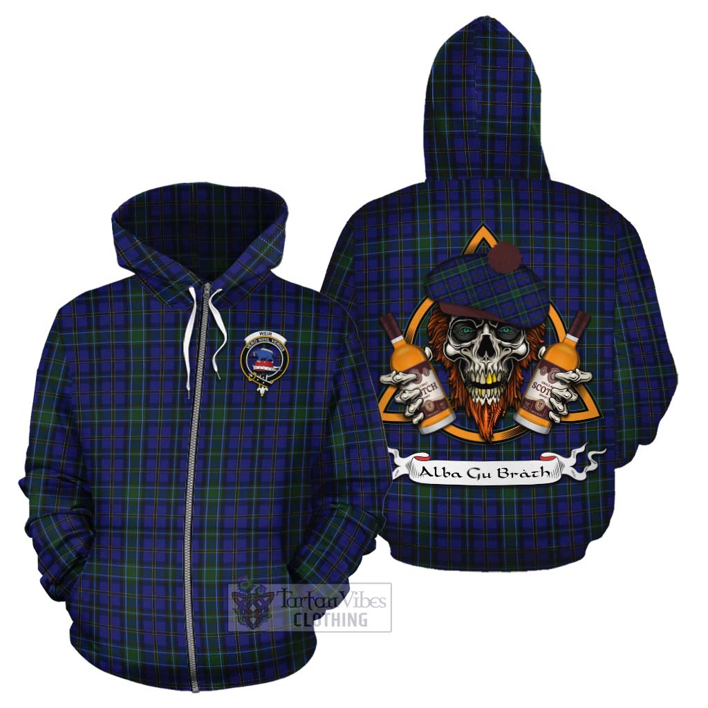 Tartan Vibes Clothing Weir Tartan Cotton Hoodie with Family Crest and Bearded Skull Holding Bottles of Whiskey