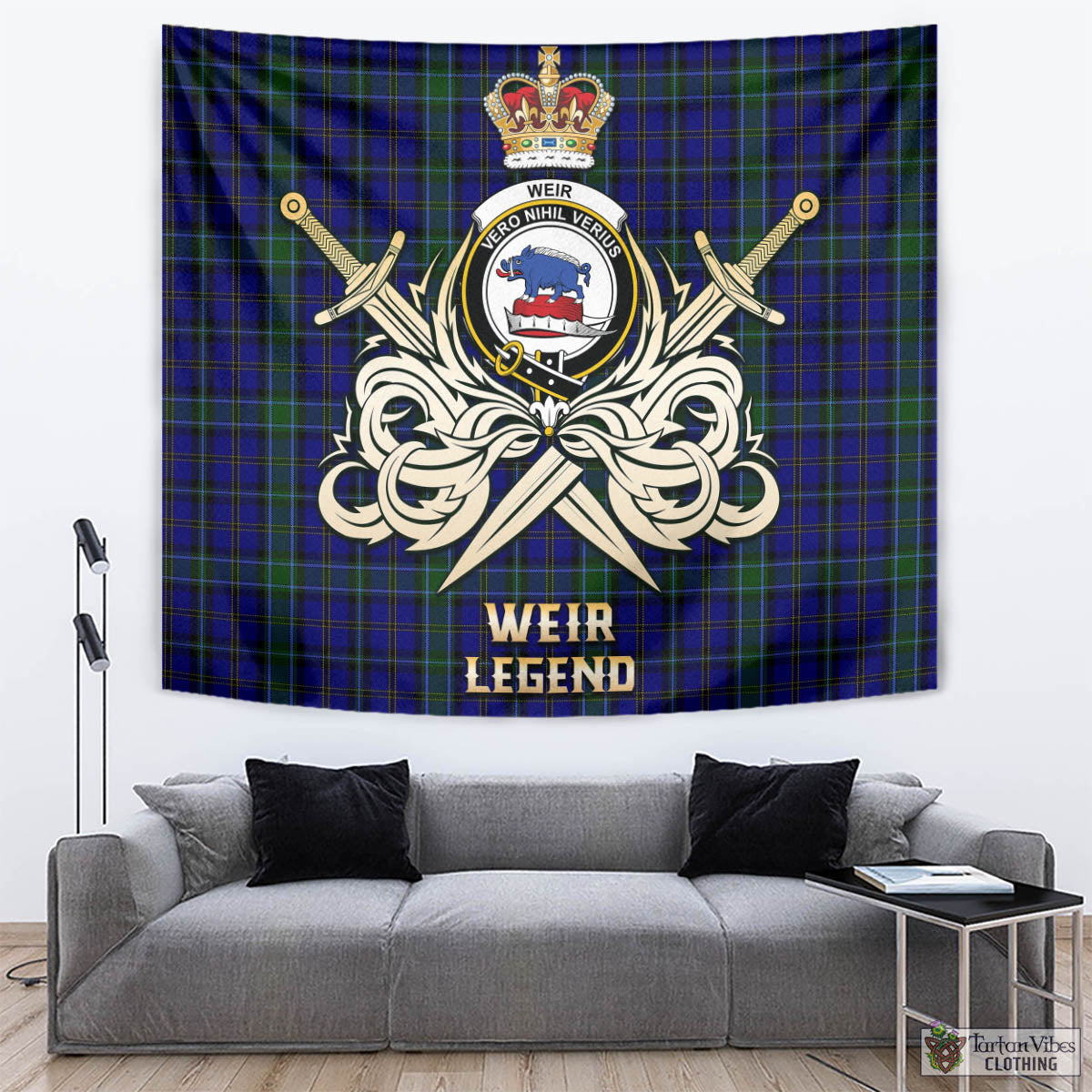 Tartan Vibes Clothing Weir Tartan Tapestry with Clan Crest and the Golden Sword of Courageous Legacy