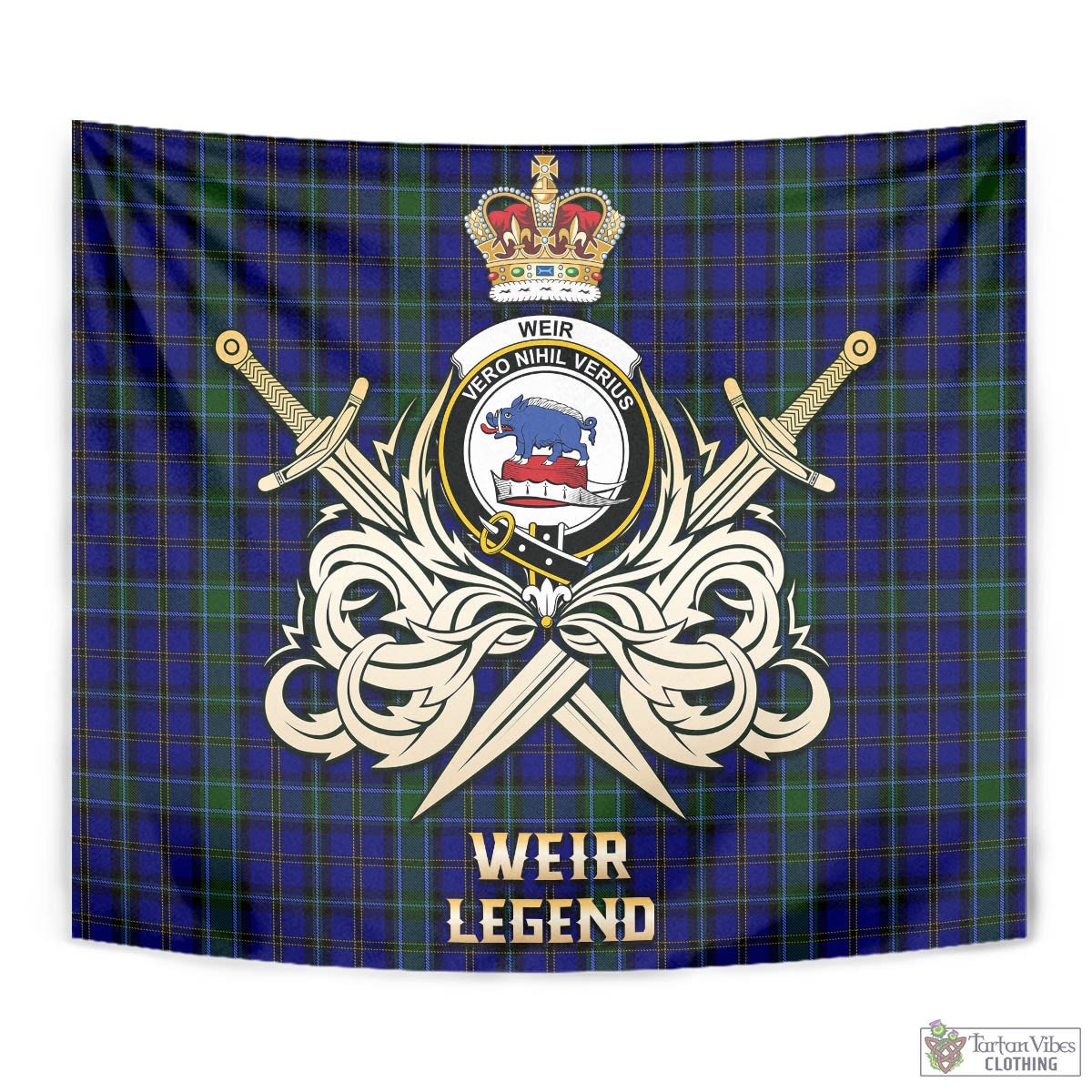 Tartan Vibes Clothing Weir Tartan Tapestry with Clan Crest and the Golden Sword of Courageous Legacy