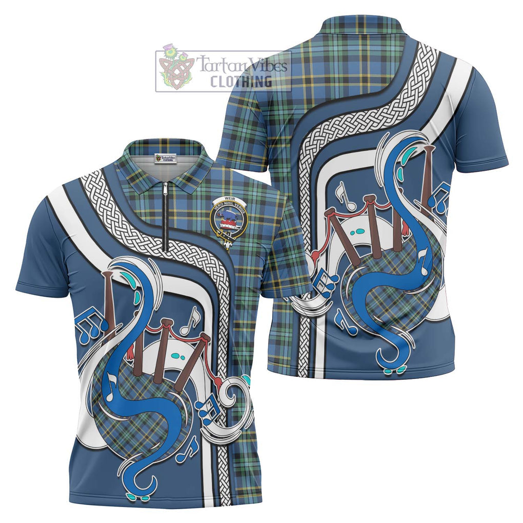 Weir Ancient Tartan Zipper Polo Shirt with Epic Bagpipe Style Unisex - Tartanvibesclothing Shop