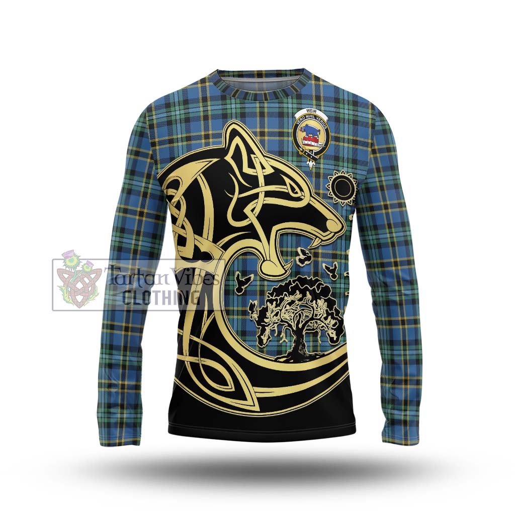 Tartan Vibes Clothing Weir Ancient Tartan Long Sleeve T-Shirt with Family Crest Celtic Wolf Style