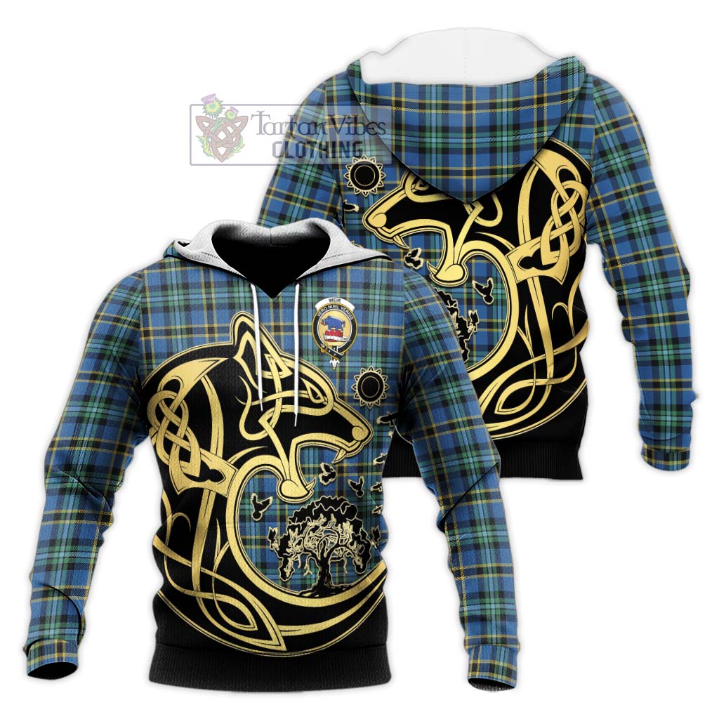 Tartan Vibes Clothing Weir Ancient Tartan Knitted Hoodie with Family Crest Celtic Wolf Style