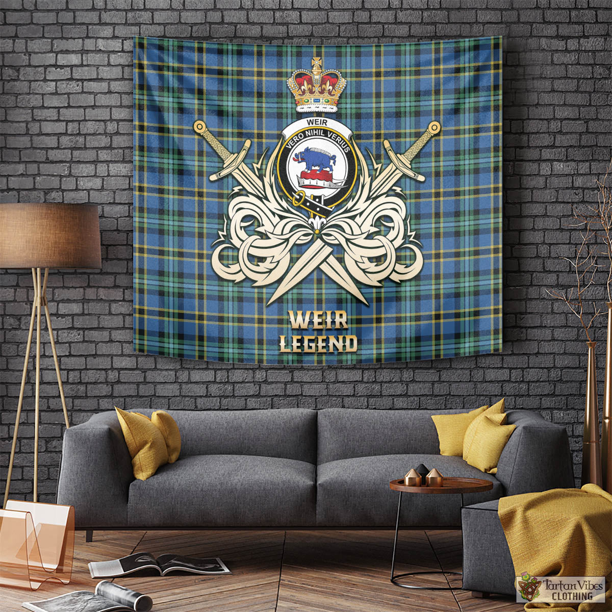 Tartan Vibes Clothing Weir Ancient Tartan Tapestry with Clan Crest and the Golden Sword of Courageous Legacy