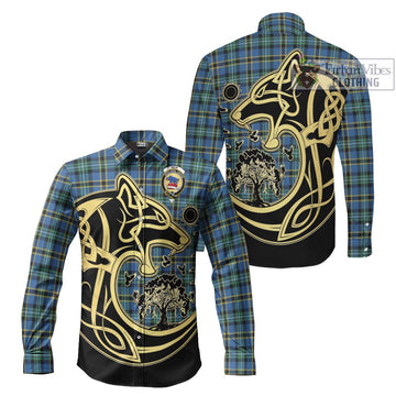 Weir Ancient Tartan Long Sleeve Button Shirt with Family Crest Celtic Wolf Style