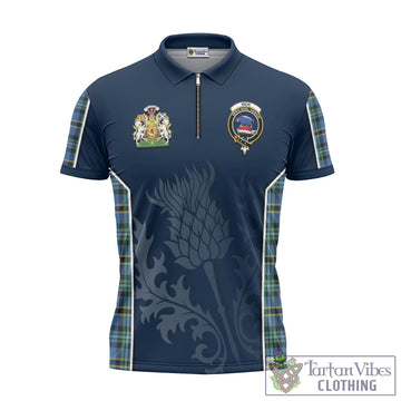 Weir Ancient Tartan Zipper Polo Shirt with Family Crest and Scottish Thistle Vibes Sport Style