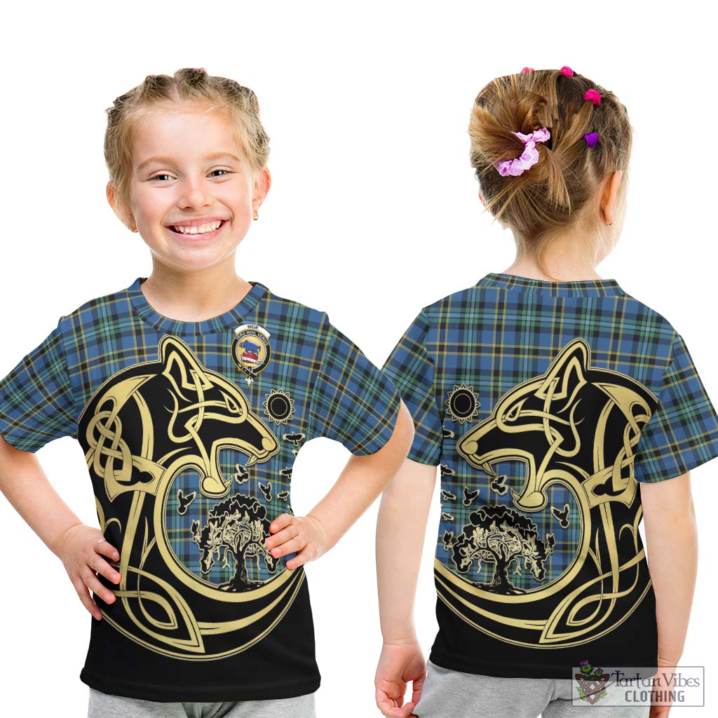 Tartan Vibes Clothing Weir Ancient Tartan Kid T-Shirt with Family Crest Celtic Wolf Style