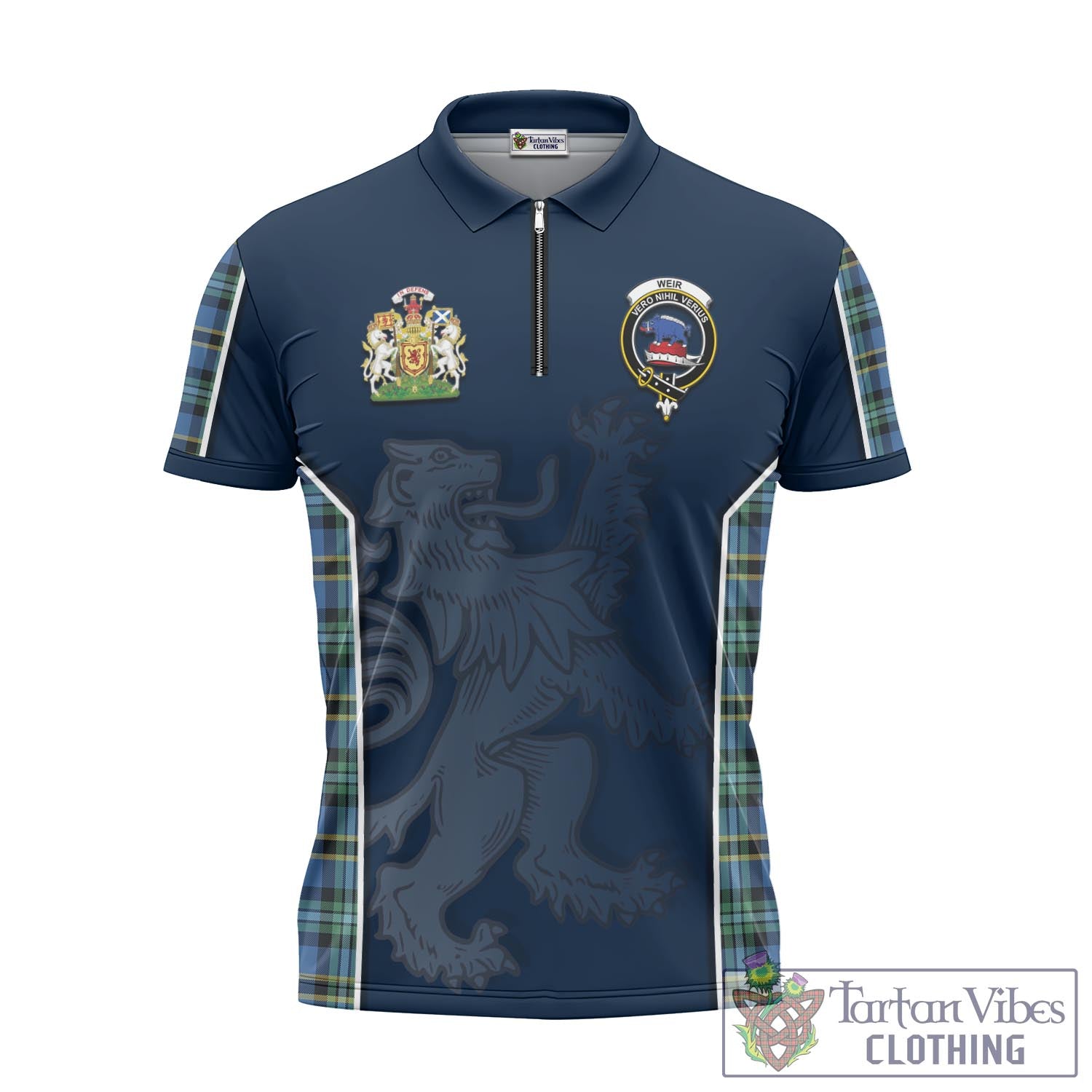 Tartan Vibes Clothing Weir Ancient Tartan Zipper Polo Shirt with Family Crest and Lion Rampant Vibes Sport Style