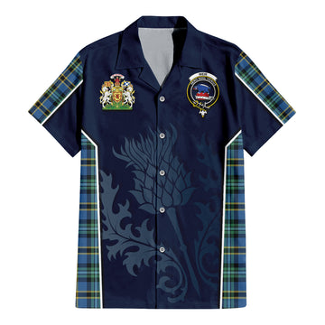 Weir Ancient Tartan Short Sleeve Button Up Shirt with Family Crest and Scottish Thistle Vibes Sport Style