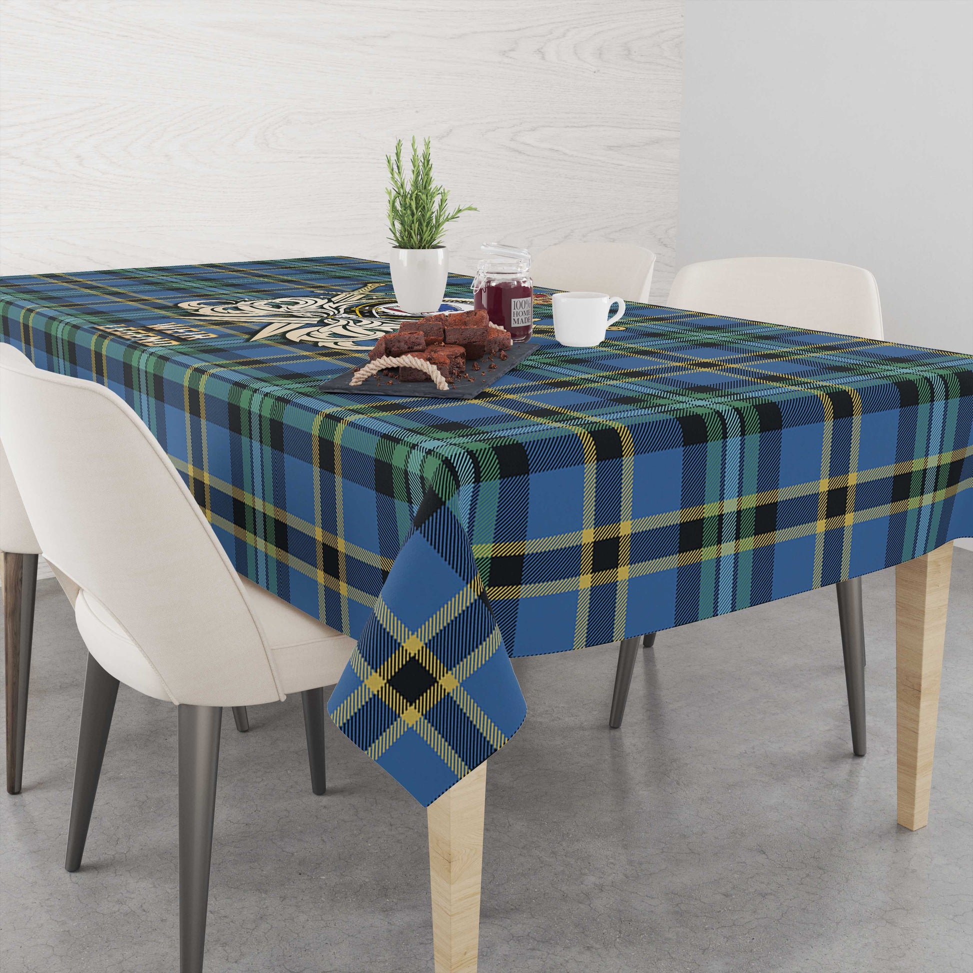 Tartan Vibes Clothing Weir Ancient Tartan Tablecloth with Clan Crest and the Golden Sword of Courageous Legacy