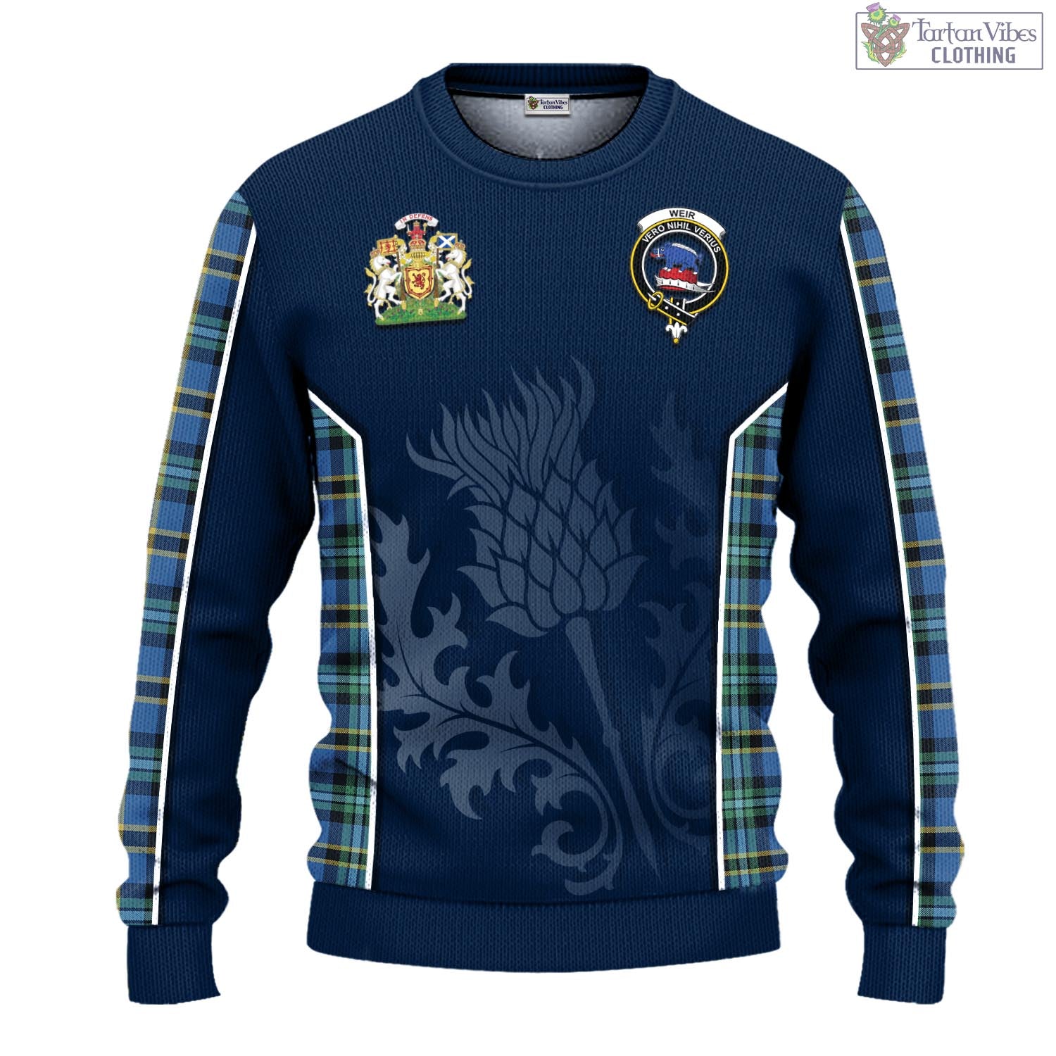 Tartan Vibes Clothing Weir Ancient Tartan Knitted Sweatshirt with Family Crest and Scottish Thistle Vibes Sport Style