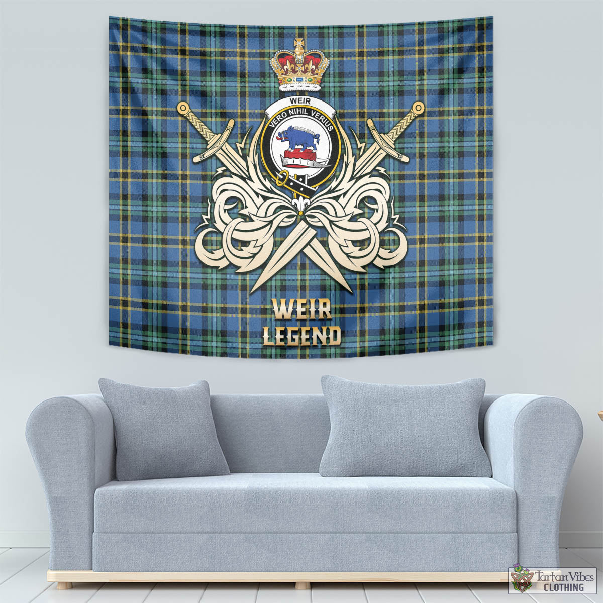 Tartan Vibes Clothing Weir Ancient Tartan Tapestry with Clan Crest and the Golden Sword of Courageous Legacy