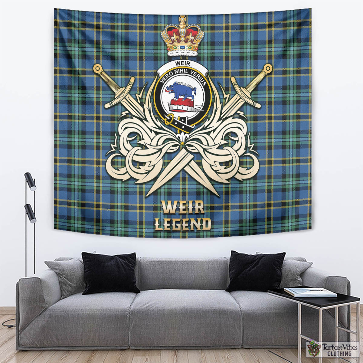 Tartan Vibes Clothing Weir Ancient Tartan Tapestry with Clan Crest and the Golden Sword of Courageous Legacy