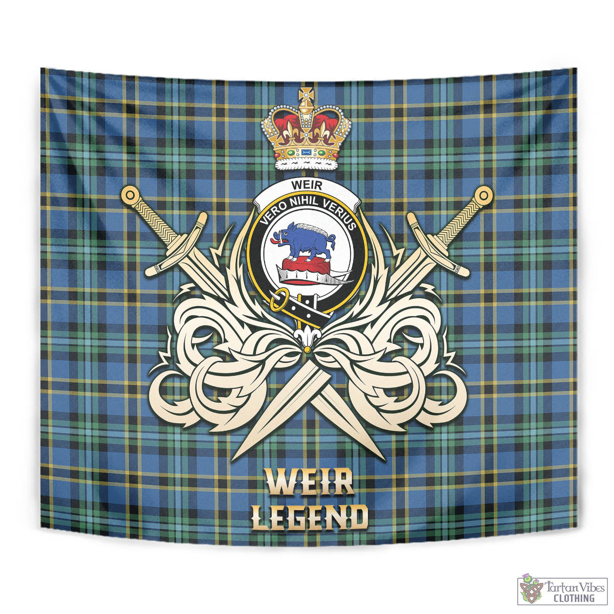 Tartan Vibes Clothing Weir Ancient Tartan Tapestry with Clan Crest and the Golden Sword of Courageous Legacy