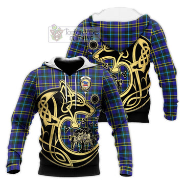 Weir Modern Tartan Knitted Hoodie with Family Crest Celtic Wolf Style