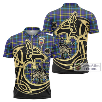 Weir Modern Tartan Zipper Polo Shirt with Family Crest Celtic Wolf Style