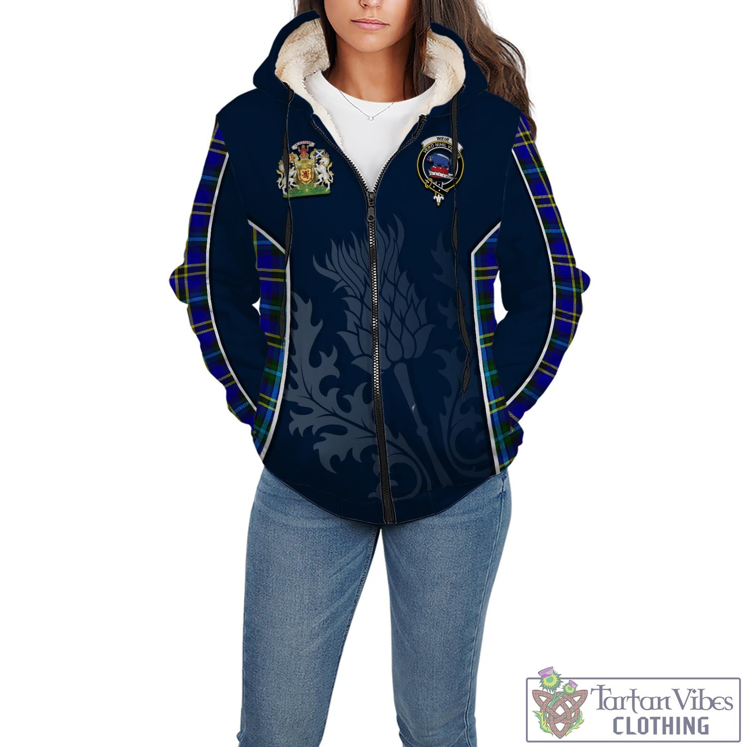Tartan Vibes Clothing Weir Modern Tartan Sherpa Hoodie with Family Crest and Scottish Thistle Vibes Sport Style