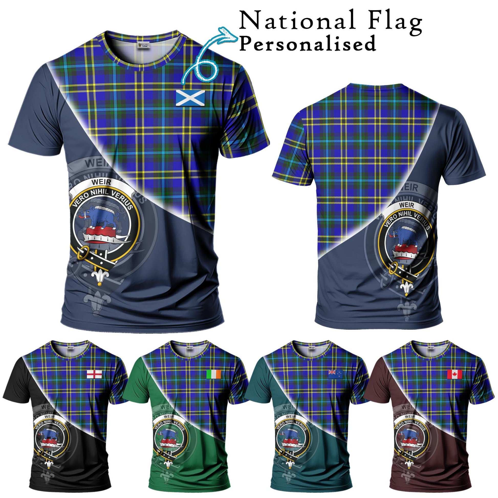 Tartan Vibes Clothing Weir Modern Tartan T-Shirt with Personalised National Flag and Family Crest Half Style