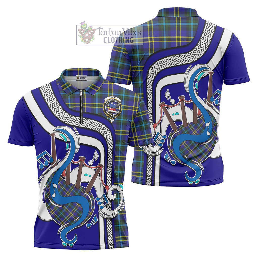 Weir Modern Tartan Zipper Polo Shirt with Epic Bagpipe Style Unisex - Tartanvibesclothing Shop