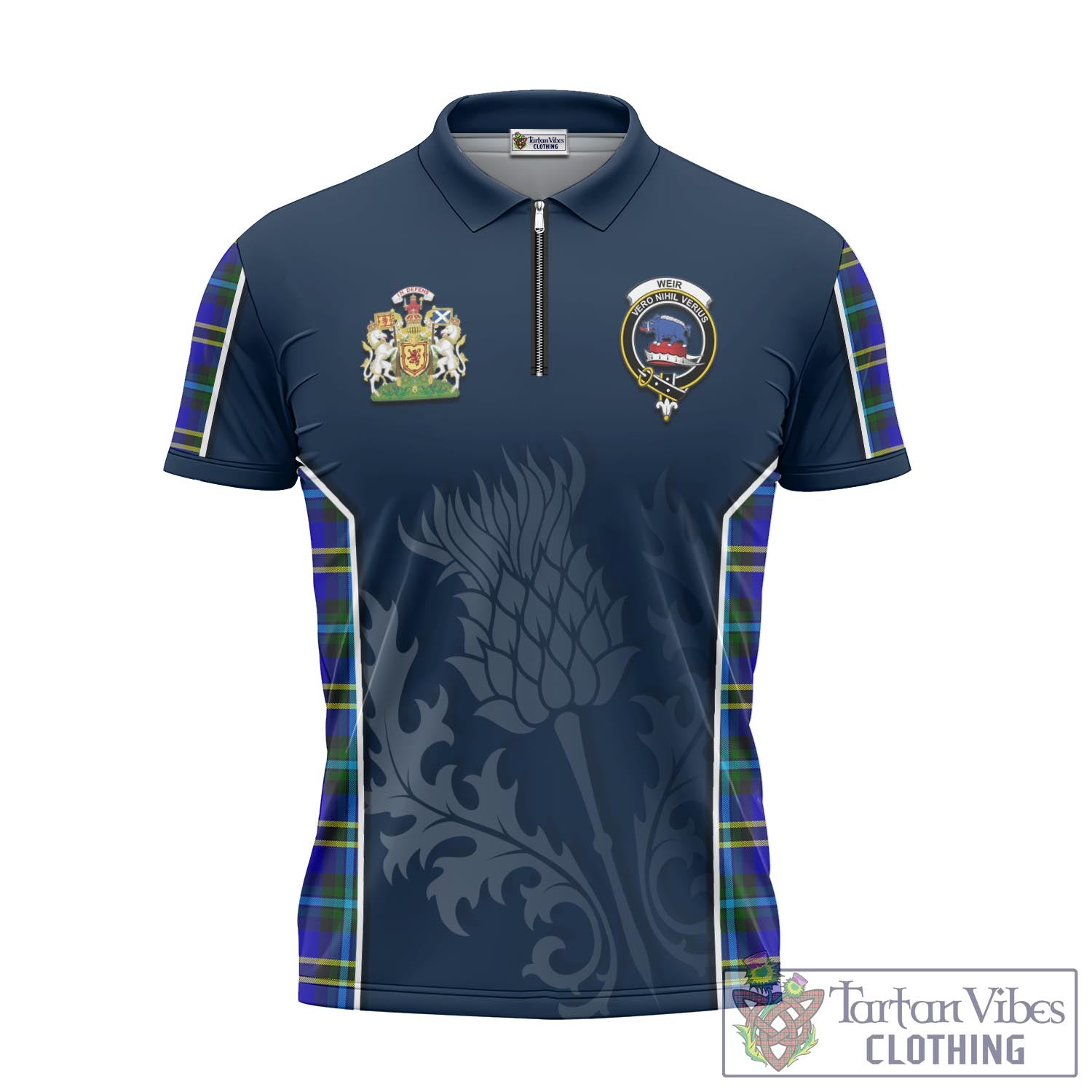 Tartan Vibes Clothing Weir Modern Tartan Zipper Polo Shirt with Family Crest and Scottish Thistle Vibes Sport Style