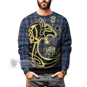 Weir Modern Tartan Sweatshirt with Family Crest Celtic Wolf Style