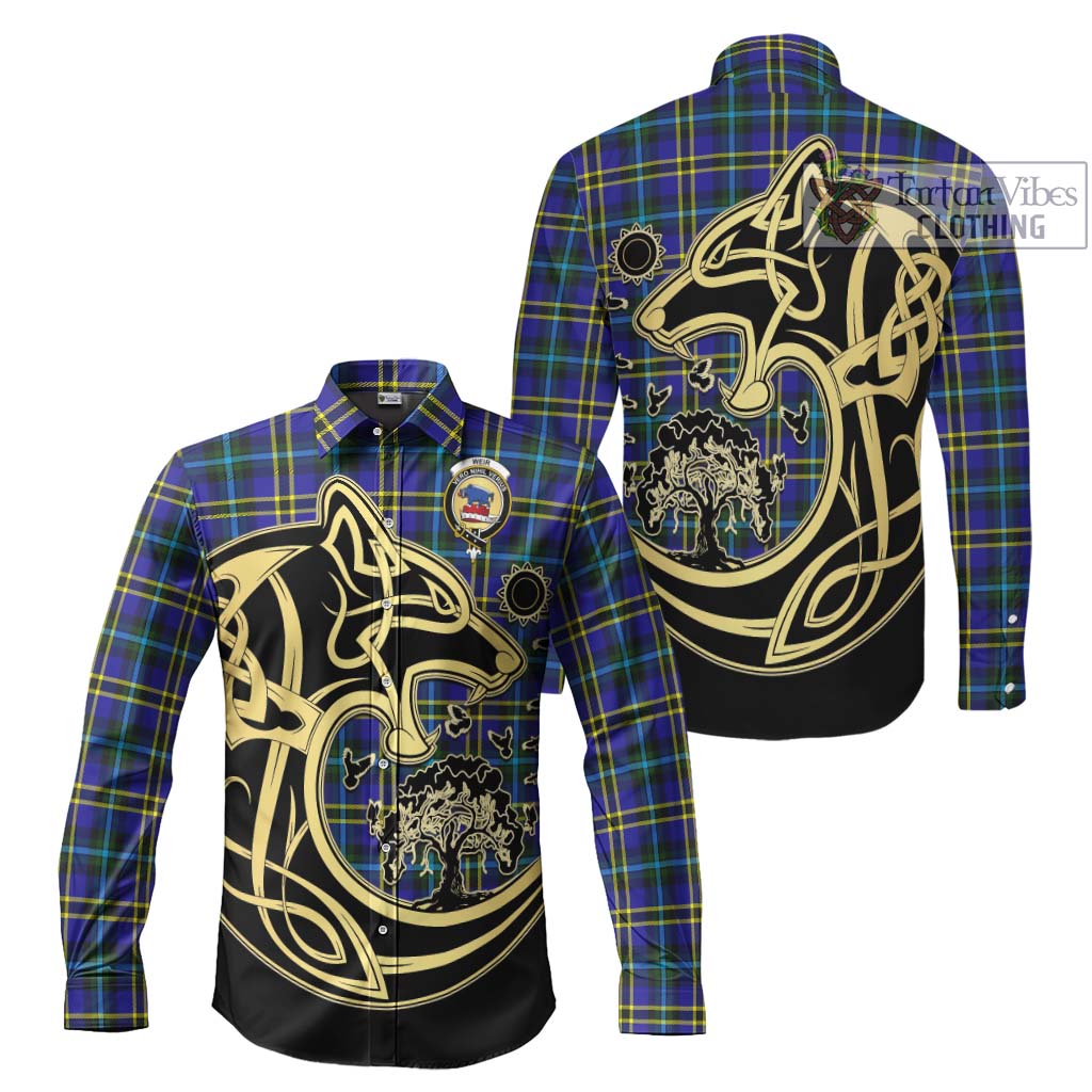 Tartan Vibes Clothing Weir Modern Tartan Long Sleeve Button Shirt with Family Crest Celtic Wolf Style