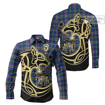 Weir Modern Tartan Long Sleeve Button Shirt with Family Crest Celtic Wolf Style