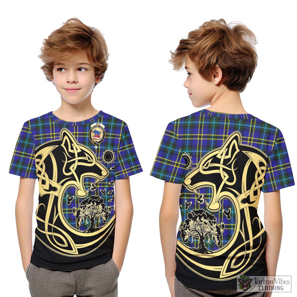 Tartan Vibes Clothing Weir Modern Tartan Kid T-Shirt with Family Crest Celtic Wolf Style