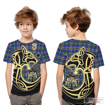 Weir Modern Tartan Kid T-Shirt with Family Crest Celtic Wolf Style