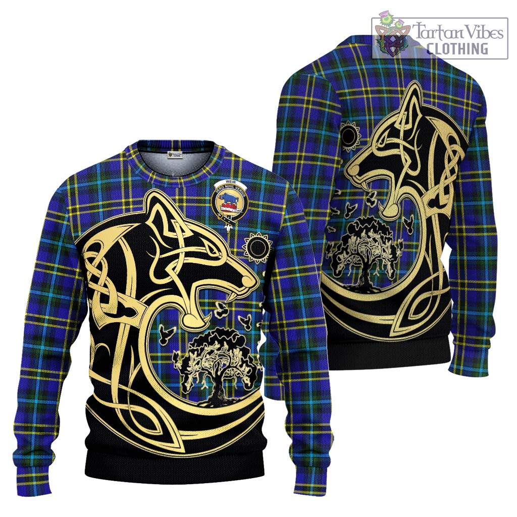 Tartan Vibes Clothing Weir Modern Tartan Knitted Sweater with Family Crest Celtic Wolf Style