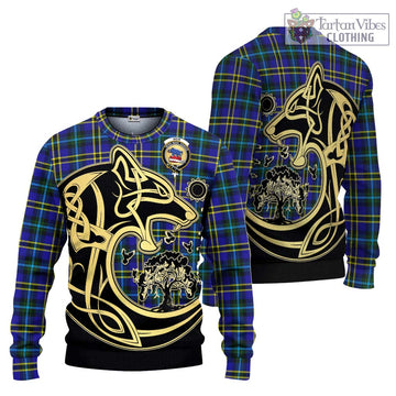 Weir Modern Tartan Knitted Sweater with Family Crest Celtic Wolf Style