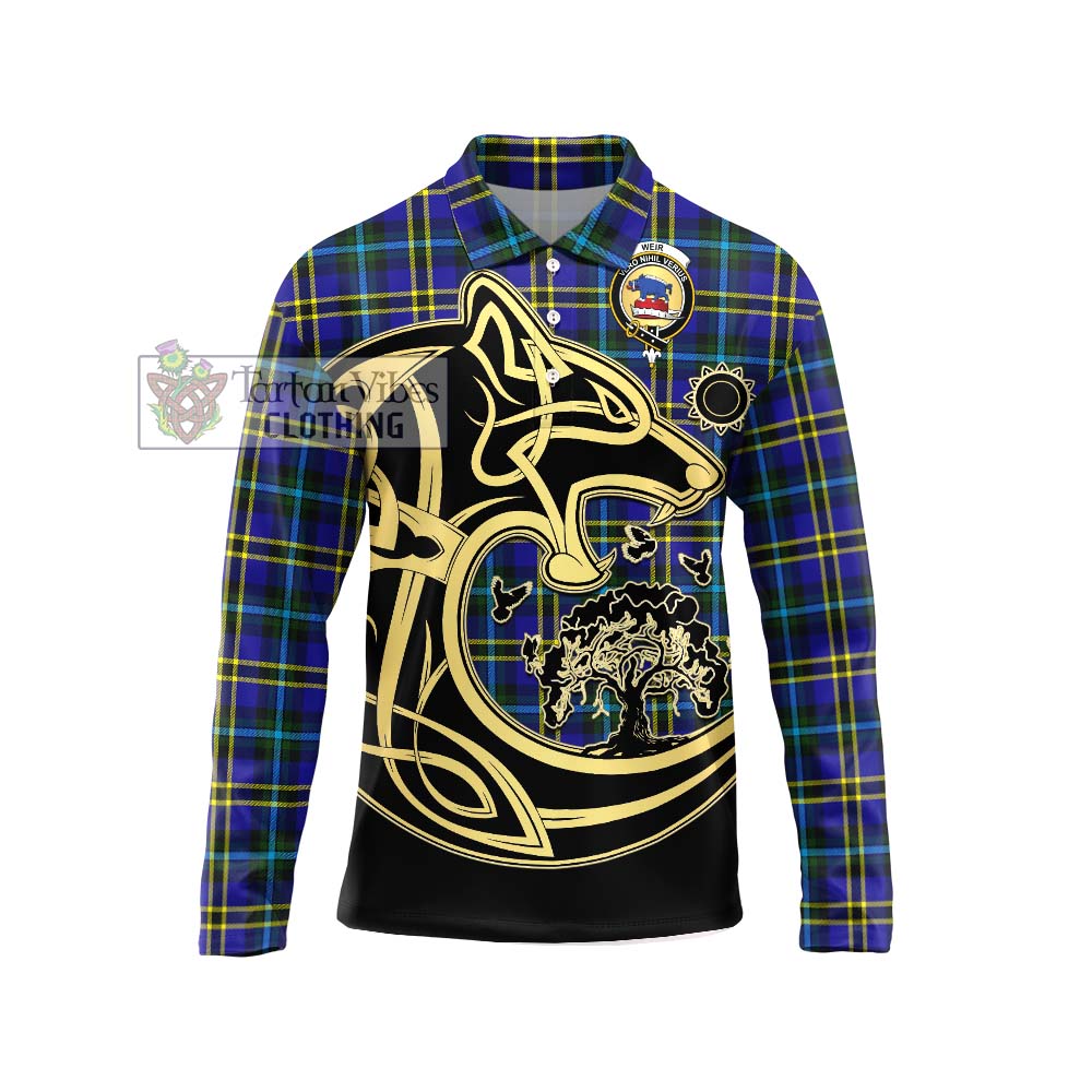 Tartan Vibes Clothing Weir Modern Tartan Long Sleeve Polo Shirt with Family Crest Celtic Wolf Style