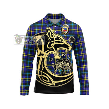 Weir Modern Tartan Long Sleeve Polo Shirt with Family Crest Celtic Wolf Style