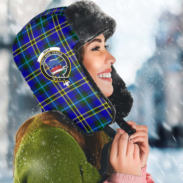 Weir Modern Tartan Winter Trapper Hat with Family Crest