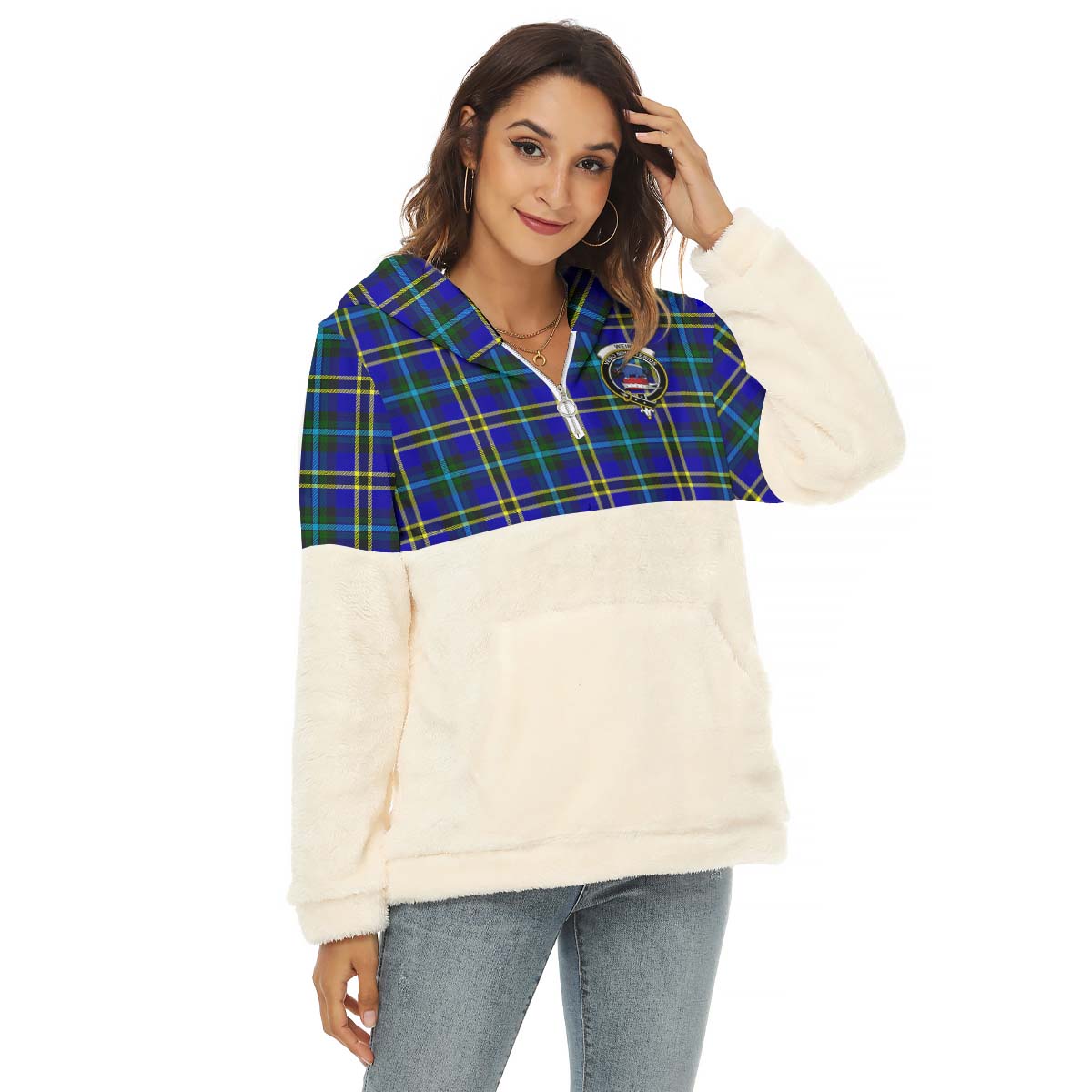 weir-modern-tartan-womens-borg-fleece-hoodie-with-half-zip-with-family-crest