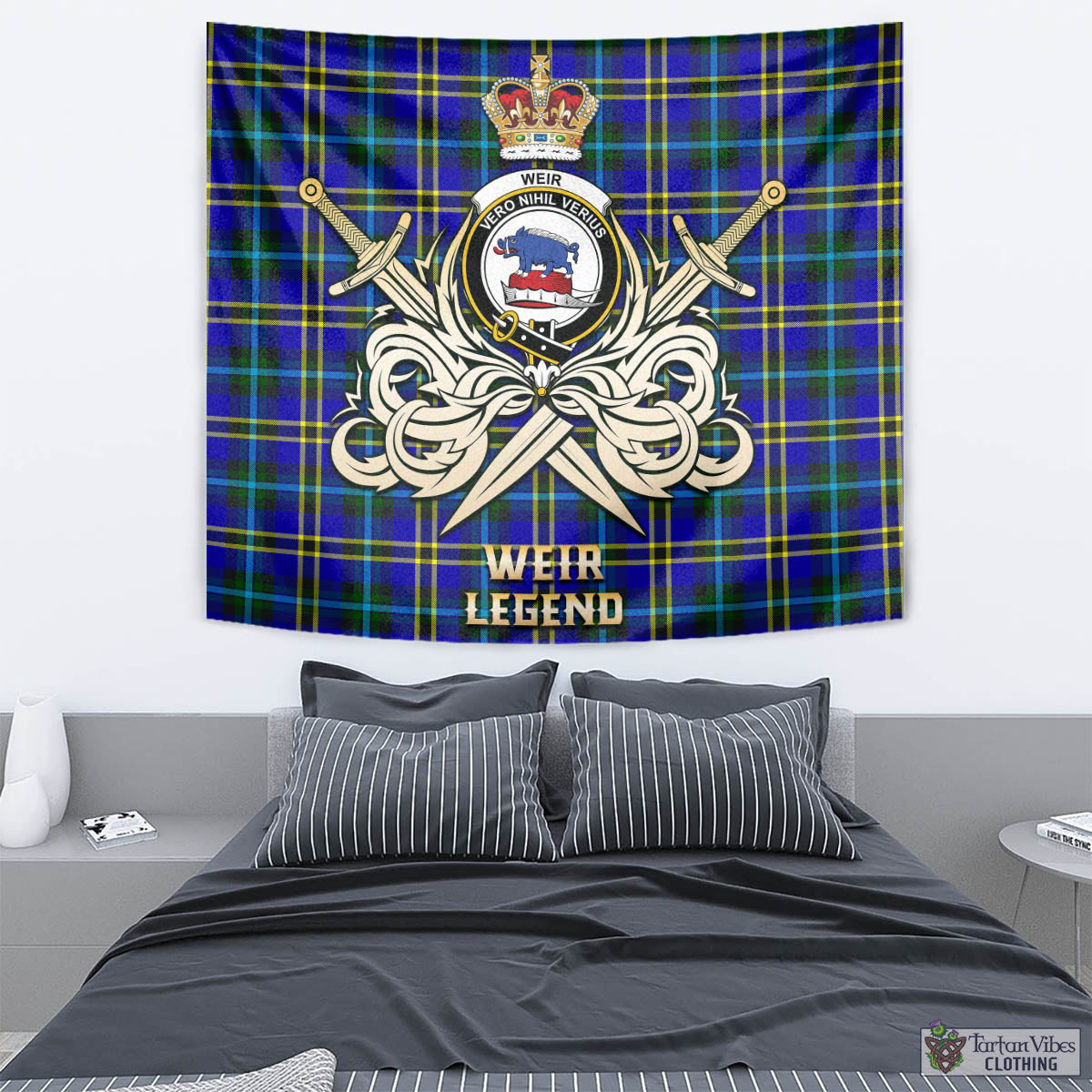 Tartan Vibes Clothing Weir Modern Tartan Tapestry with Clan Crest and the Golden Sword of Courageous Legacy