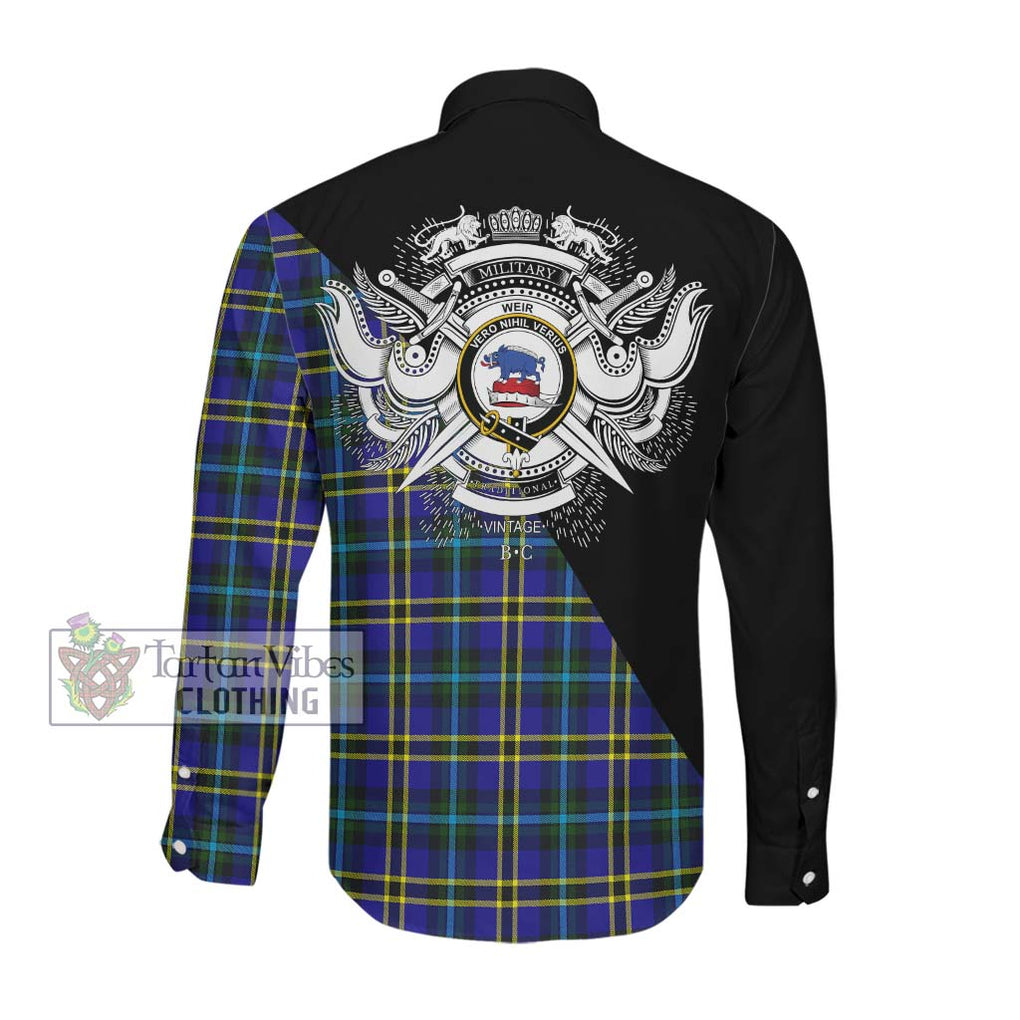 Weir Modern Tartan Long Sleeve Button Shirt with Family Crest and Military Logo Style Men's Shirt - Tartanvibesclothing Shop